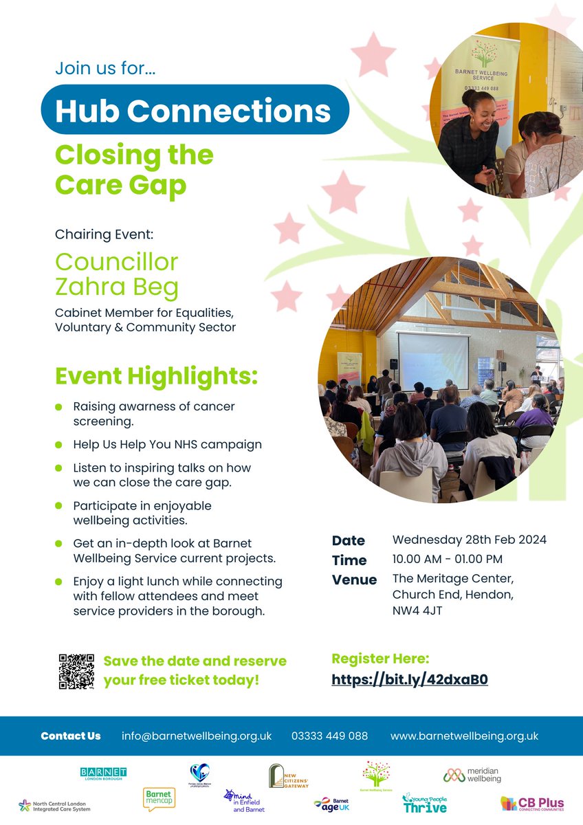 📅TOMORROW is the day! Don't miss our quarterly #HubConnections #event! We will delve into 'Closing the Care Gap' and 'Help Us Help You' NHS campaign. Enjoy wellbeing activities and a light lunch too! Secure your spot now: bit.ly/42dxaB0 #CommunityEvent #BarnetWellbeing