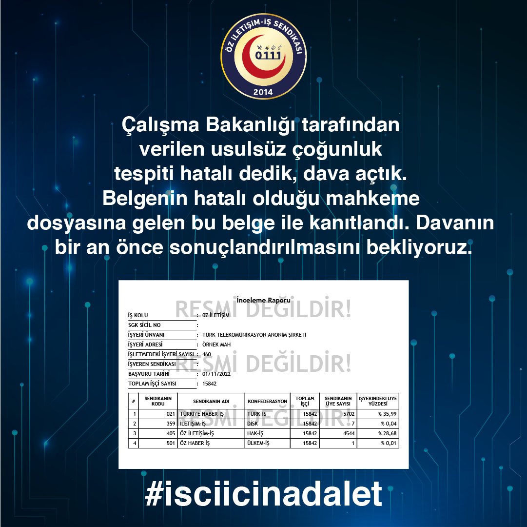 #isciicinadalet 
Çalışma Bakanlığı tarafından verilen usulsüz çoğunluk tespiti hatalı dedik,dava açtık. Belgenin hatalı olduğu mahkeme dosyasına gelen bu belge ile kanıtlandı. Davanın bir an önce sonuçlandırılmasını bekliyoruz.
<a href="/adalet_bakanlik/">T.C. Adalet Bakanlığı</a> <a href="/yilmaztunc/">Yılmaz TUNÇ</a> <a href="/tcbestepe/">T.C. Cumhurbaşkanlığı</a> <a href="/UABakanligi/">T.C. Ulaştırma ve Altyapı Bakanlığı</a>