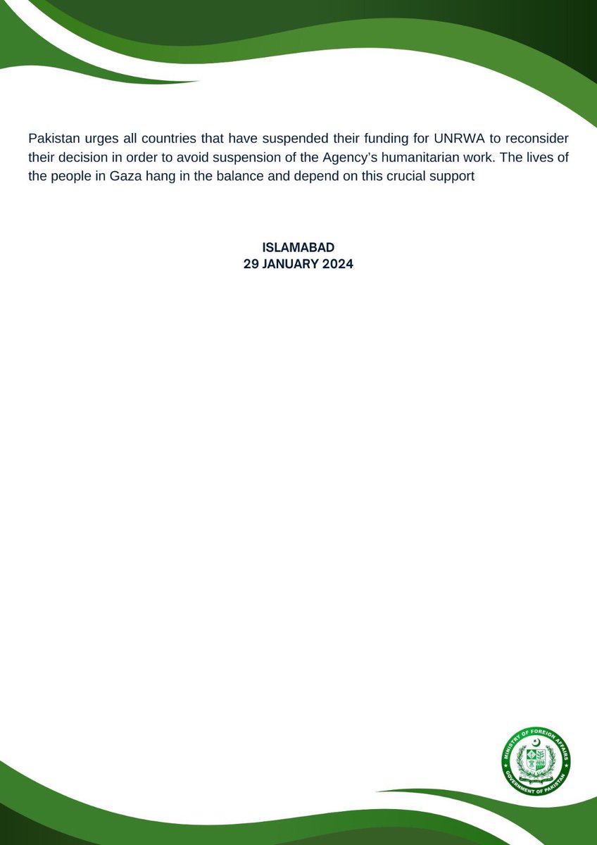 🔊: PR NO. 3️⃣1️⃣/2️⃣0️⃣2️⃣4️⃣

Pakistan’s Deep Concerns over the Suspension of Funding for the United Nations Relief and Works Agency for Palestine Refugees in the Near East (UNRWA)

🔗⬇️

mofa.gov.pk/press-releases…