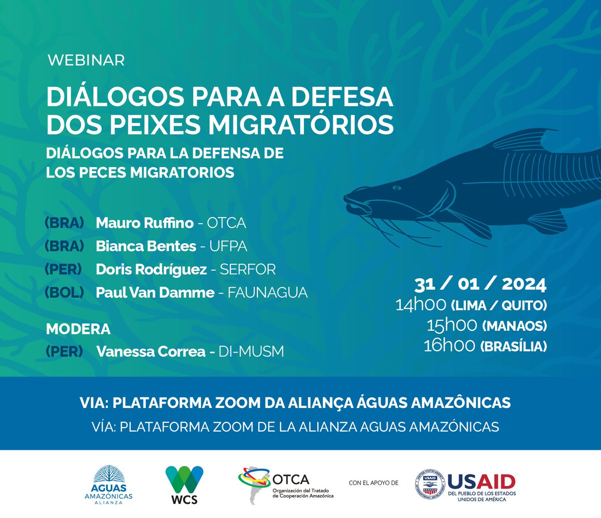 Webinar
Expertos dialogarán sobre los peces migradores de la Amazonía. Abordarán investigaciones, la nueva evaluación del dorado en la UICN y la propuesta de inclusión del dorado y la piramutaba en el apéndice II de la Convención de Especies Migratorias
👉 bit.ly/CMSDialogos