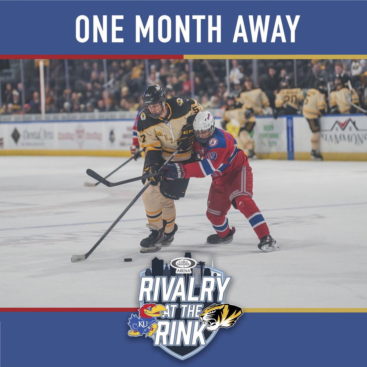 The countdown is on… 1️⃣ MONTH until Rivalry at the Rink vs. Mizzou! Click cabledahmerarena.com/events/detail/… to purchase your tickets. #Jayhawkey #RockChalk #Rivalryattherink