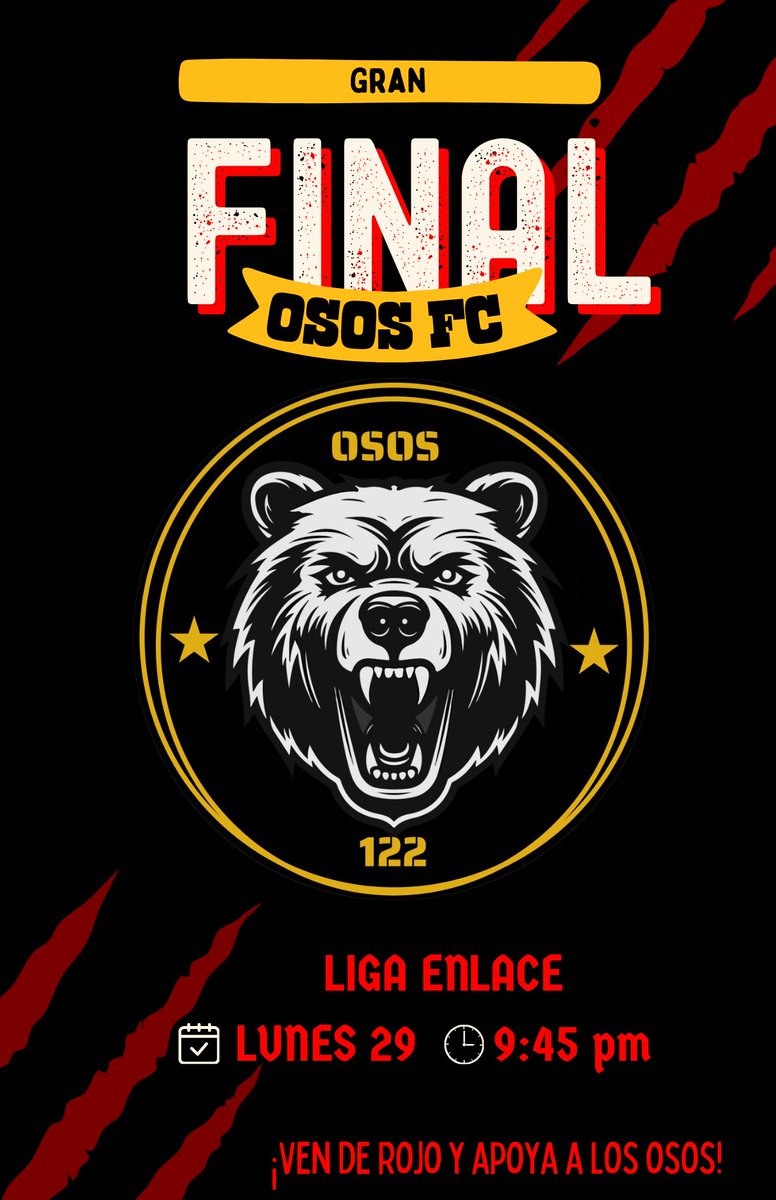 ‼️ES HOY ES HOY‼️

TODO LISTO PARA LA GRAN FINAL
🐻 OSOS VS POTROS 🐴

📍Liga enlace
⏰ 9:45 pm 

💢Todos de rojo para apoyar a los OSO DEL 122 💢