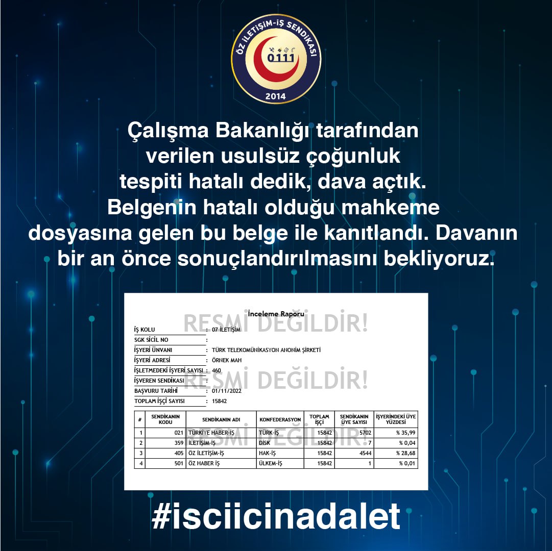 #isciicinadalet 
Çalışma Bakanlığı tarafından verilen usulsüz çoğunluk tespiti hatalı dedik,dava açtık. Belgenin hatalı olduğu mahkeme dosyasına gelen bu belge ile kanıtlandı. Davanın bir an önce sonuçlandırılmasını bekliyoruz.
<a href="/adalet_bakanlik/">T.C. Adalet Bakanlığı</a> <a href="/yilmaztunc/">Yılmaz TUNÇ</a> <a href="/tcbestepe/">T.C. Cumhurbaşkanlığı</a> <a href="/UABakanligi/">T.C. Ulaştırma ve Altyapı Bakanlığı</a>