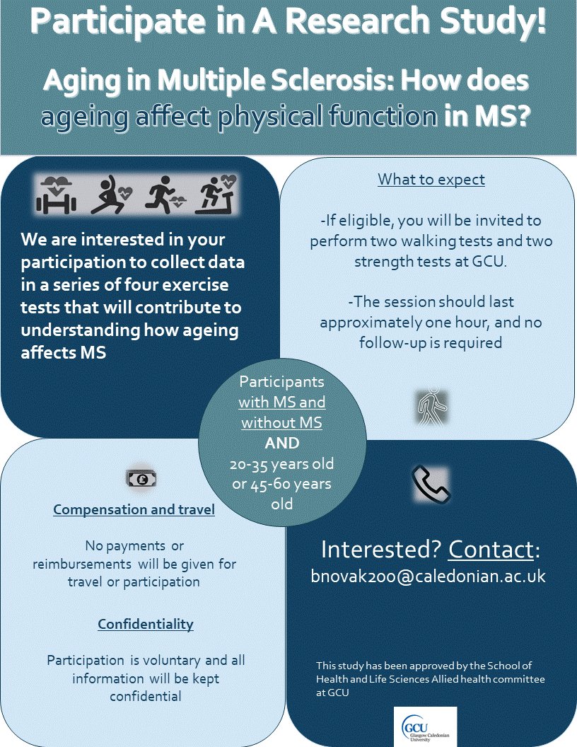 Do you have #multiplesclerosis live within travelling distance of Glasgow and aged 20-35 or 45-60? If so we would love if you would take part in our study on ageing with #MS. The study involves testing your walking and strength and involves one visit to Glasgow Caledonian Uni 👏