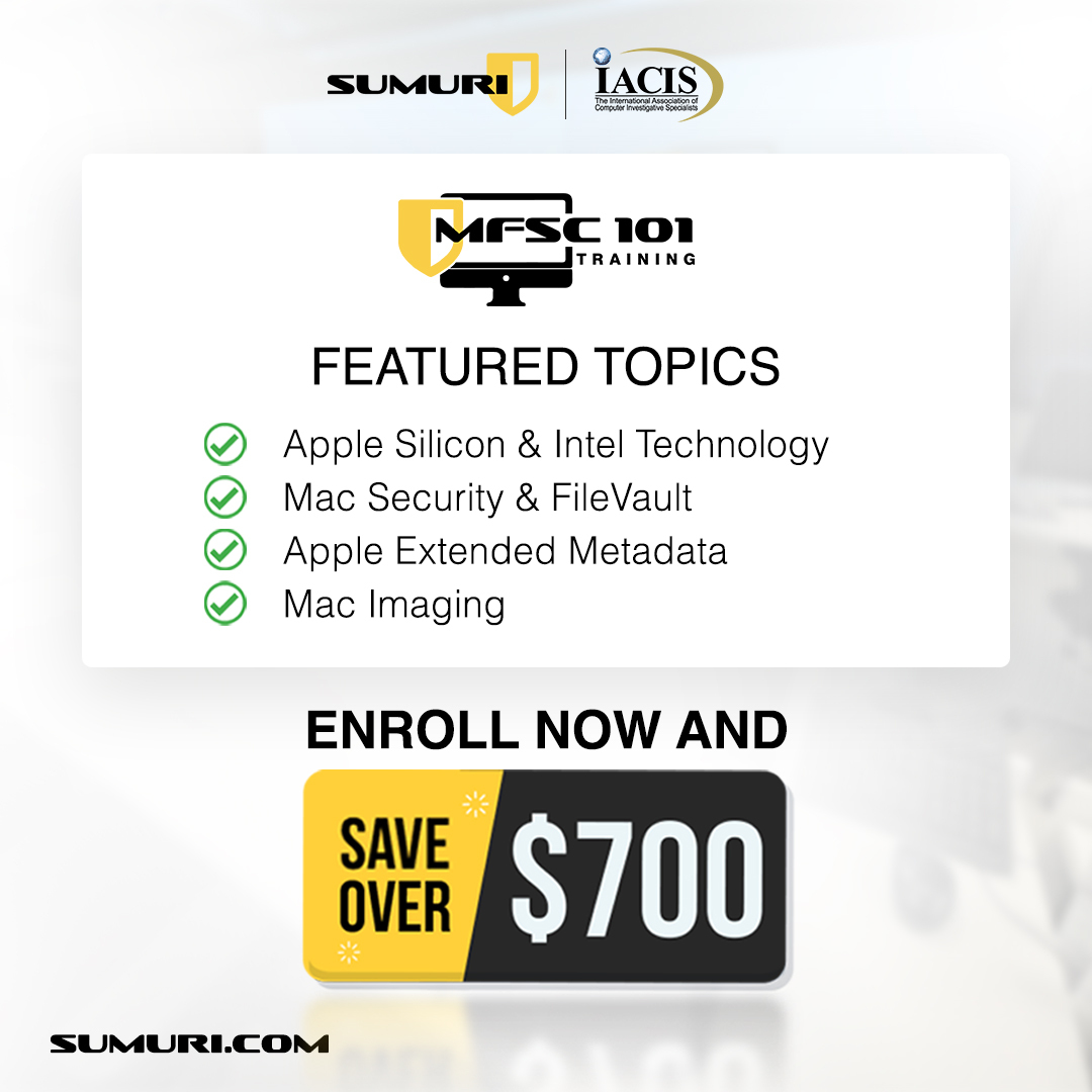 SUMURIForensics's tweet photo. Whether you're a beginner or looking to enhance your skills, our MFSC-101 Class is your gateway to mastering Mac Forensics!
Secure your spot at #IACISOrlando2024 now >> https://t.co/1fxIpGH7OZ
Enjoy exclusive savings of over $700.
@IACIS
#MacInvestigation #DFIR https://t.co/1ZE2h0eSdg