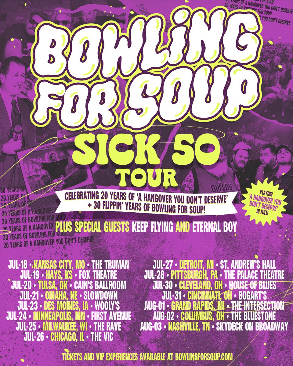 eternalboymusic's tweet photo. ⚡️TOUR ANNOUNCEMENT⚡️⁣
⁣
We couldn’t be more excited to be on Bowling For Soup’s 20th anniversary tour for one of the best records &amp; 30th anniversary for one of the best bands:l⁣
⁣
🤘Artist pre-sale starts now⁣
🎟️ General on-sale February 2 at 12pm local time⁣ https://t.co/WP1A7EE1CV