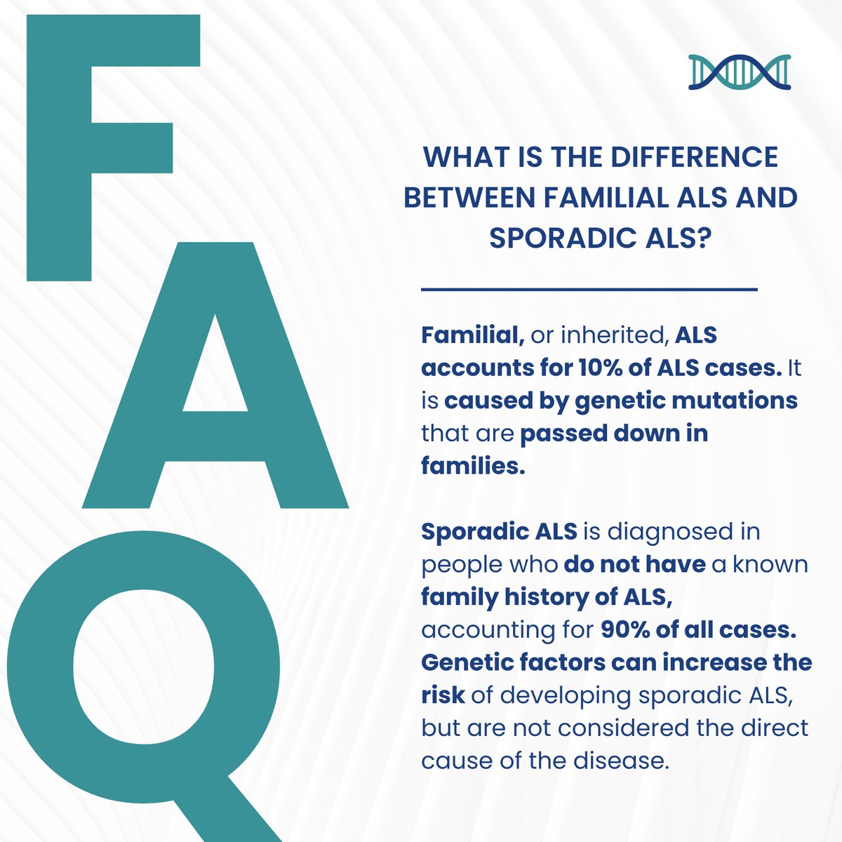 What is the difference between familial ALS and sporadic ALS? Familial ALS is caused by mutations passed down in families. Sporadic ALS is diagnosed in 90% of cases where there is no family history of ALS. Read more ALS FAQs: targetals.org/faq/ #ALS #ALSFacts #ALSFAQ