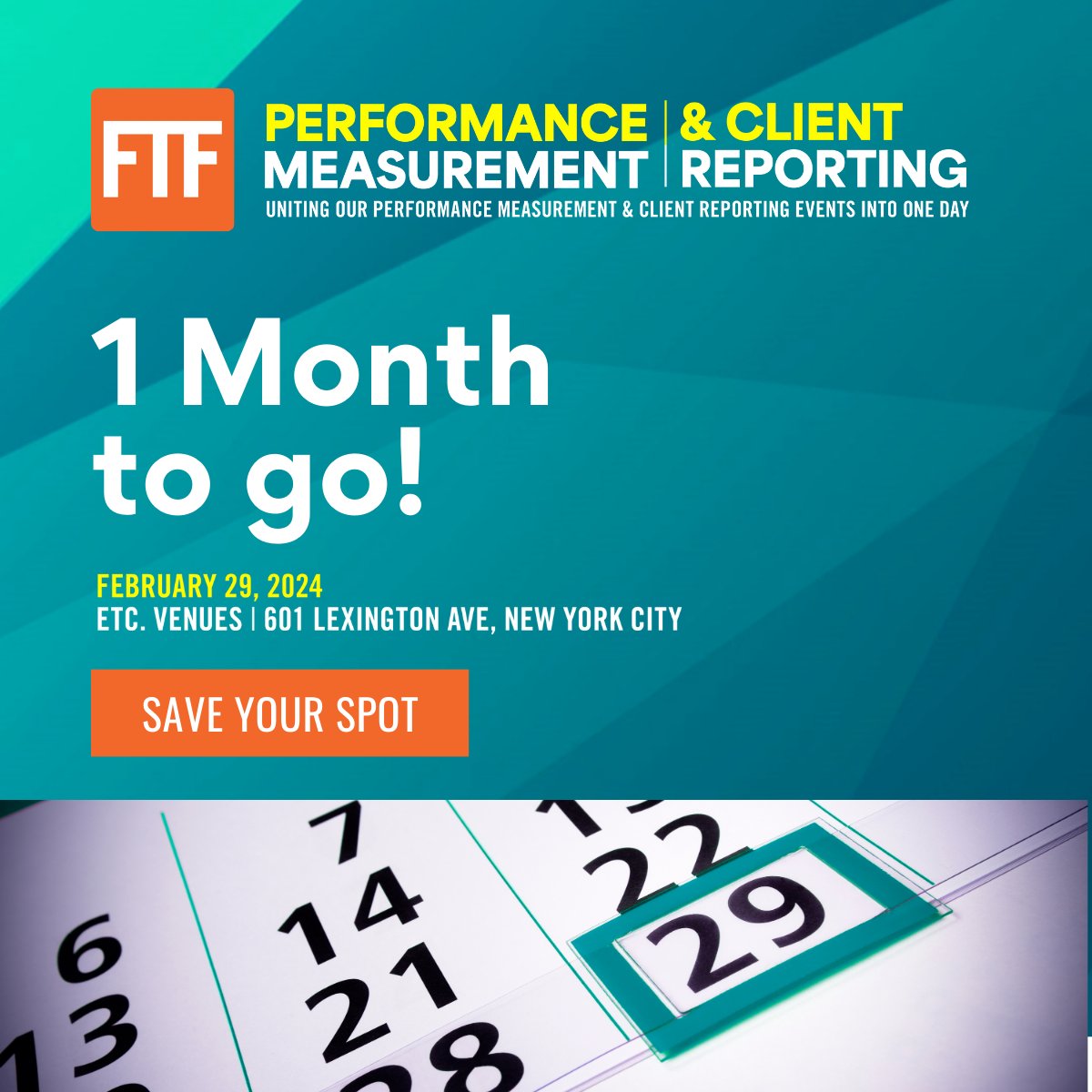 Only 1 month until Performance Measurement &amp; Client Reporting in NYC! Have you registered yet? 

What are you waiting for? Grab your ticket now! pages.ftfnews.com/event-registra…   

#performancemeasurement #clientreporting #futureofwork