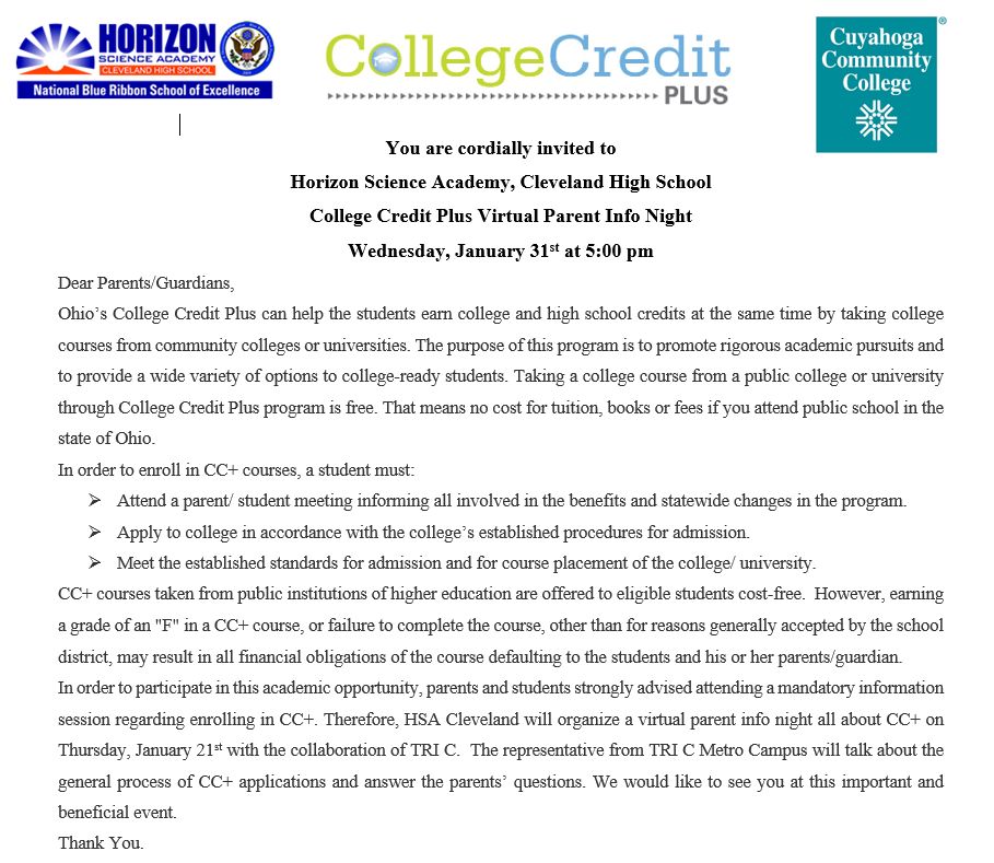HSADenisonMid's tweet photo. On Wednesday, January 31st, at 5 PM, our HS @horizondragons will be hosting an information night about College Credit Plus. Please view the photo for more information and how this can benefit your student. #EducationMatters #ChosenWisely #STEM @ConceptSchools https://t.co/L7OmgDPBQR