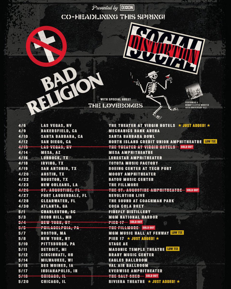 🚨Tour Update 🚨 New dates added in Las Vegas, New York, and Chicago! Tickets for these shows will go on sale tomorrow, Tuesday, January 30th, at 10 AM local time with the pre-sale code SUFFER. 🔥 General on-sale Friday, February 2nd, 10 AM local time badreligion.com