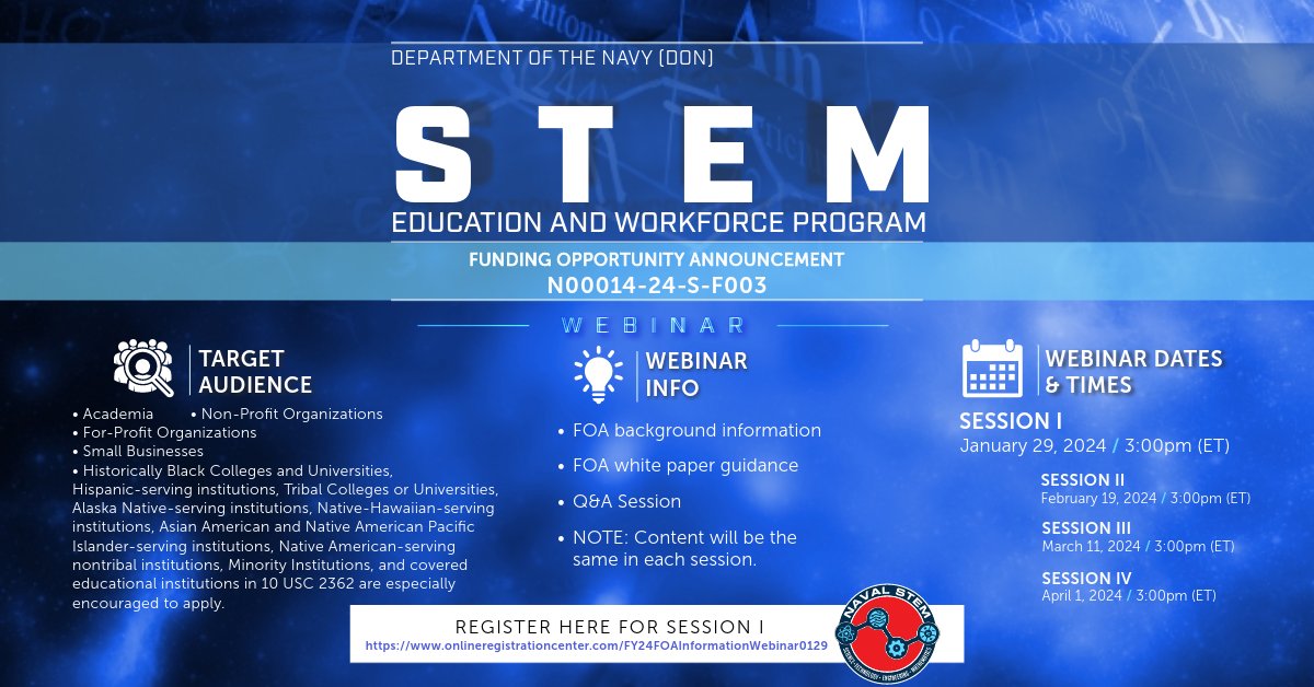 USNavyResearch's tweet image. 🤔What is your #NavalSTEM focus area? 
Naval STEM, via ONR, is seeking proposals to fund #STEM learning &amp;amp; workplace development under the umbrella of DoN strategic interests. 
Join today's webinar to learn how you can work with us! See you at 3 PM ET @ lnkd.in/eAYS4rJv