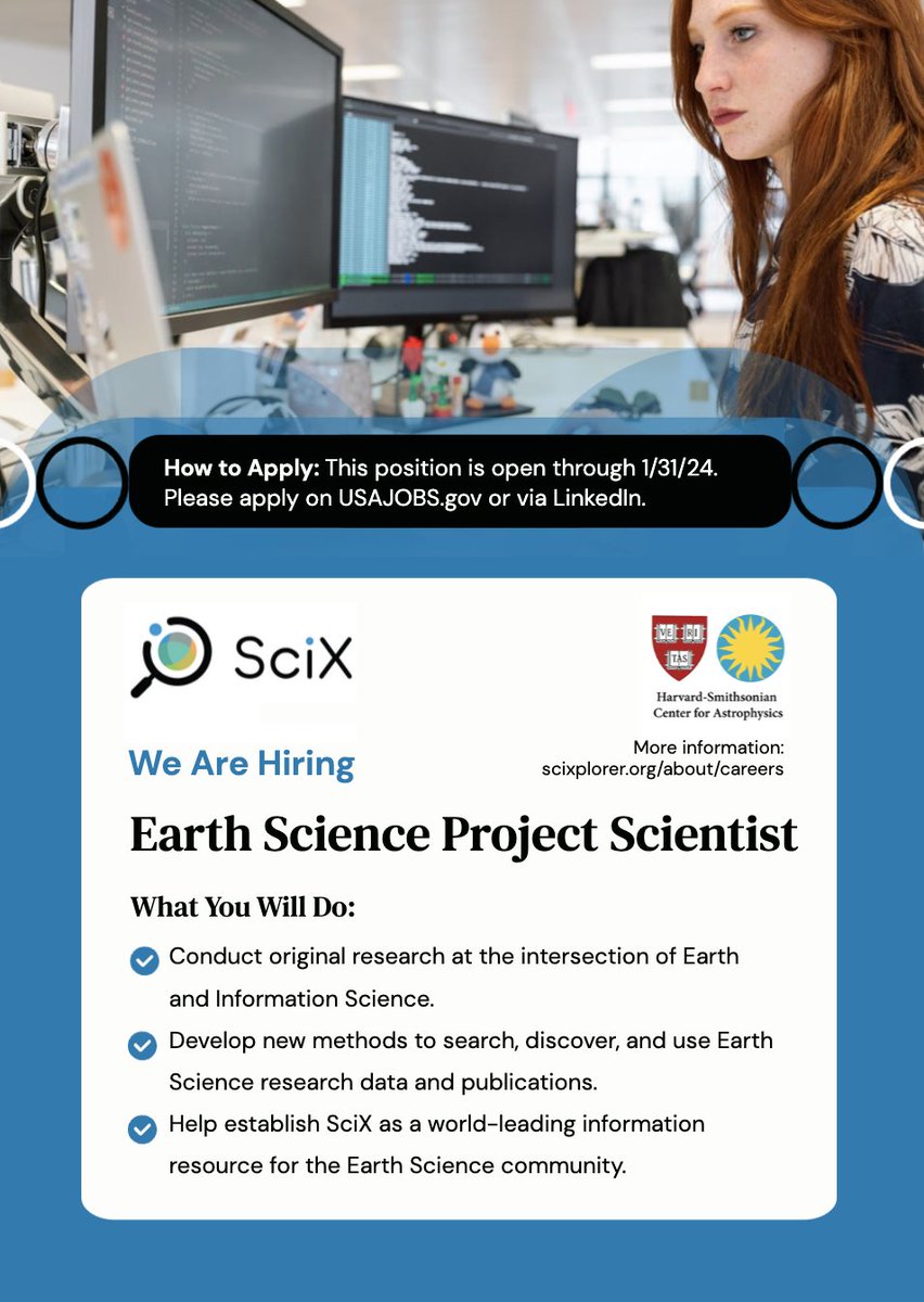 Passionate about #openscience & information discovery? We are currently looking for a SciX Project Scientist to contribute to cutting-edge research at the intersection of Earth and Information Science. Applications are being accepted through 1/31 at s.si.edu/3uhG6bS.