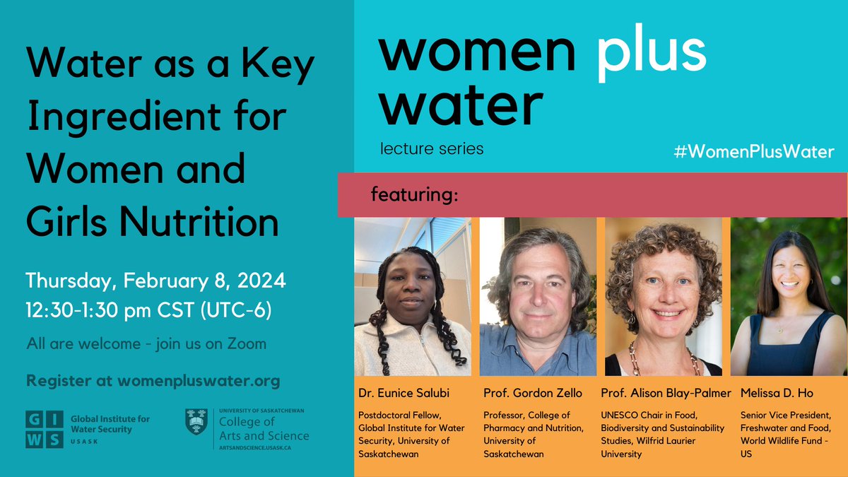 Register for our next #WomenPlusWater conversation on #Water as a Key Ingredient for Women and Girls Nutrition! All are welcome 🗓️ Thurs, Feb 8 @ 12:30 pm CST (UTC-6) 💧water.usask.ca/events/2024/02… *In honour of the International Day for Women & Girls in Science @WomenScienceDay