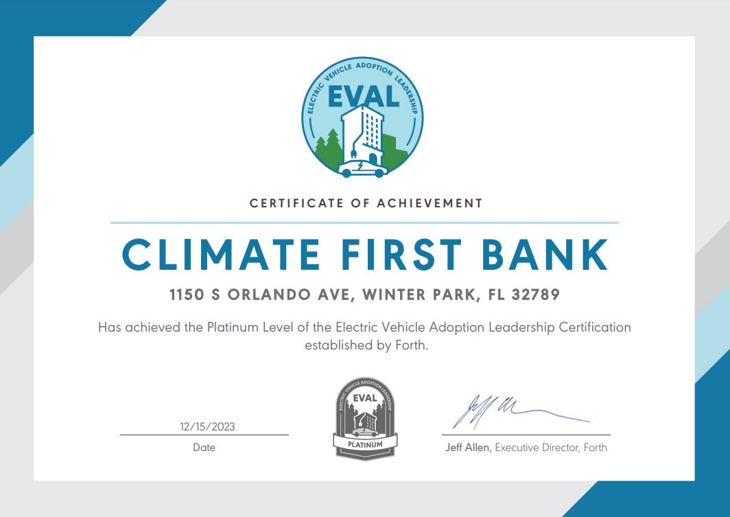 climate1stbank's tweet photo. We're serious about our commitment to sustainability. We don't just talk the talk, we walk the walk. 🌎 We believe in doing the right thing for our community and we're excited to join the ranks of #EVALcertified organizations 🤝 #climatecrisis #sustainability #ClimateFirstBank https://t.co/T4YfDwgV3n