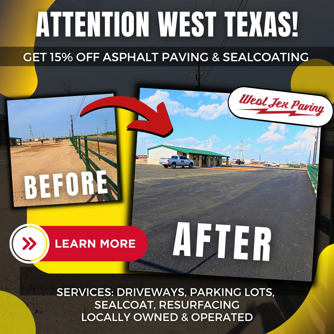 westtexpaving's tweet photo. 🚧 Special Offer from West Tex Paving - Your Asphalt Paving Experts! 🚧
🌟 Get 15% Off in Midland &amp; Odessa, TX - Limited Time! 🌟

✅ Quality Service, Local Experts, Unbeatable Prices

Contact us today and pave the way to savings!
#AsphaltPaving #MidlandTX #OdessaTX https://t.co/tBPKuGCEu5