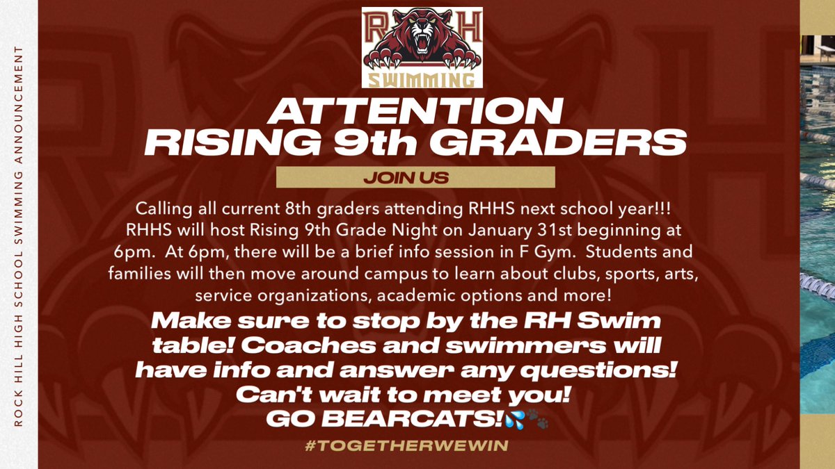Want to Swim for Rock Hill High? Wednesday 1/31, is our Rising 9th Grade Night! We look forward to meeting you! (Rising 7th and 8th graders, feel free to reach out for info and a coach will contact you!) 💦🐾 @CherylReinke @RHBearcats @Coach_JDuncan @RockHillSchools