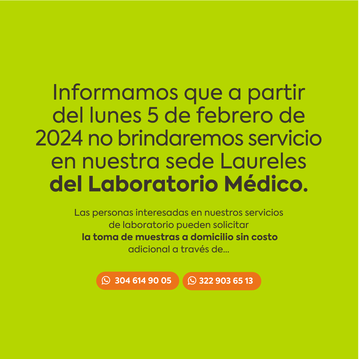 Informamos que a partir del lunes 5 de febrero de 2024 no brindaremos servicio en nuestra sede Laureles del Laboratorio Médico. 👩‍🔬📷 El servicio al público será hasta el sábado 3 de febrero. #LaboratorioLasAméricas #LabLasAméricasAuna #Medellin #laboratorioMedico