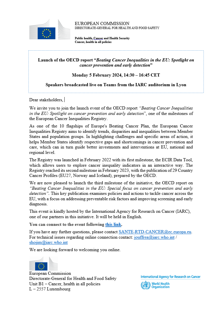 IARCWHO's tweet photo. 🗓️Save the date!
Next Monday, 5 Feb at 14h30, IARC will host the launch of @OECD's “Beating #Cancer Inequalities in the #EU: Spotlight on cancer prevention &amp; early detection” report, a milestones of the European Cancer Inequalities Registry.
Watch it live!
https://t.co/duDSnCuEGW https://t.co/uVd8sPg1tL