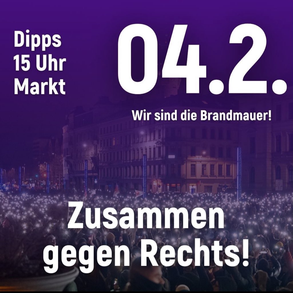 Für Demokratie einsetzen

Dippoldiswalde am Sonntag, 4.2.2024, 15 Uhr, Markt. #NeverAgainIsNow #sachsen