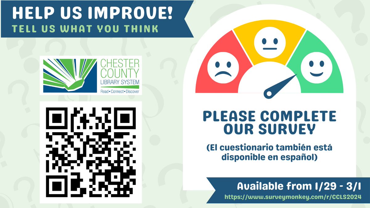 We need your input! Our Customer Satisfaction Survey is LIVE and will be available until 3/1/24.  With your help, we can advocate for and convey the value of libraries to the State, County, and municipalities that support us. surveymonkey.com/r/CCLS2024