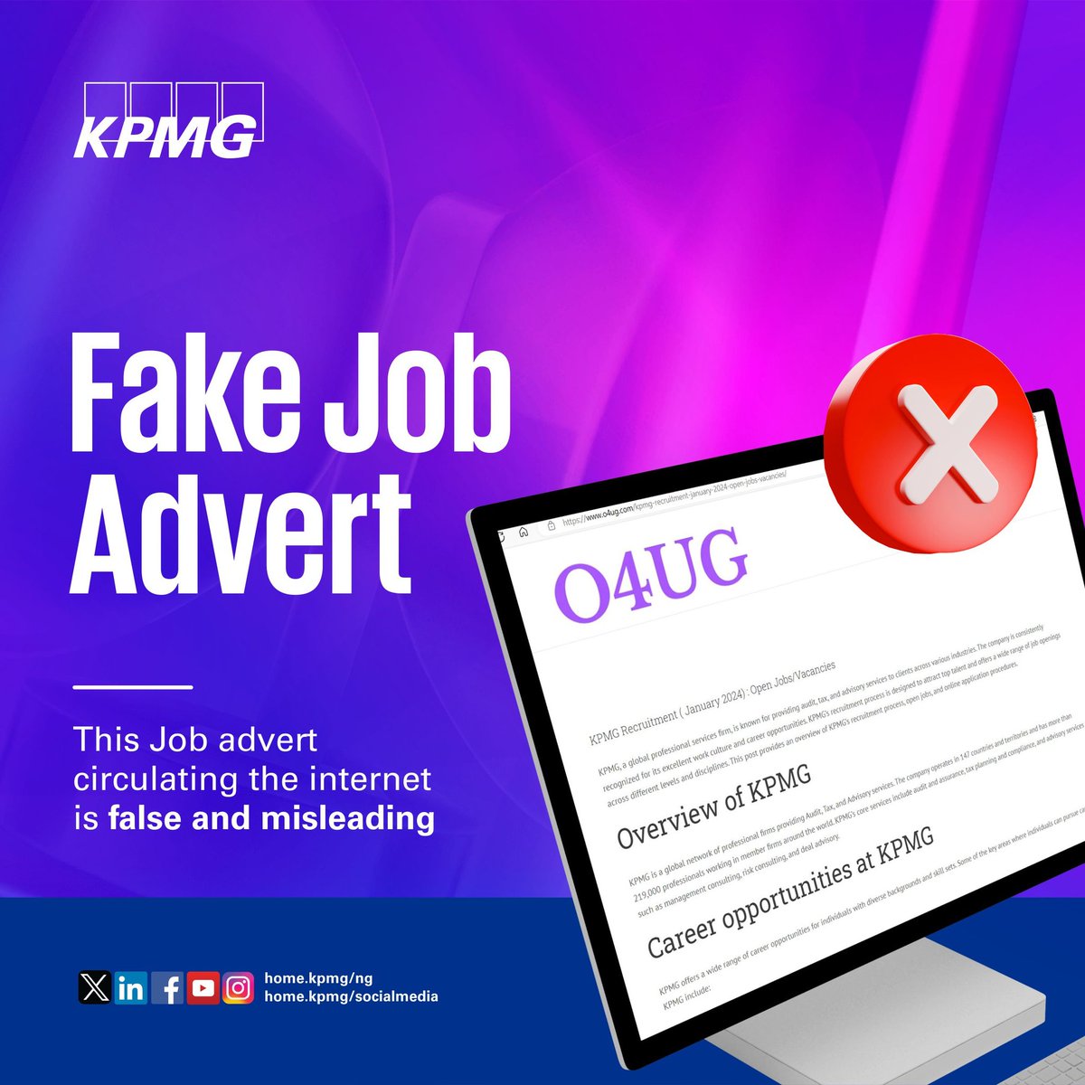 We have received reports about FAKE job advertisements being circulated by fraudulent blogs posing as KPMG Nigeria across social media platforms and the internet. (1/4)