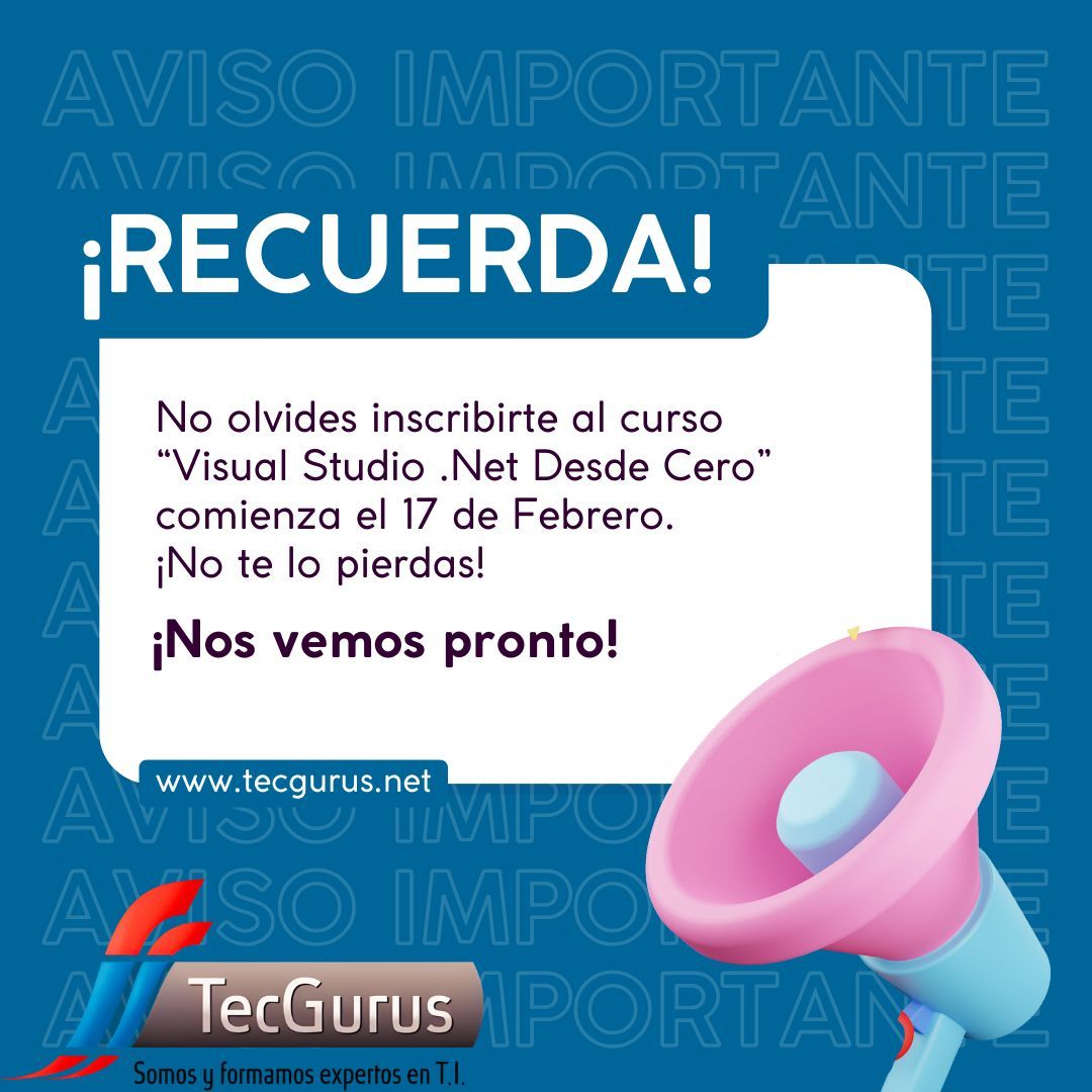tecgurusnet's tweet image. 💡🚀 Descubre el potencial de Visual Studio .NET Desde Cero.
Más en: tecgurus.net 📚🚀
Nuestro curso comienza el 17 de febrero. 30 horas de duración.
¡Hazte un Guru del desarrollo! 🎓
¡Pregunta! wa.link/tie4z7 💻
#VisualStudioNET #ASPNETCore #SoyGuru