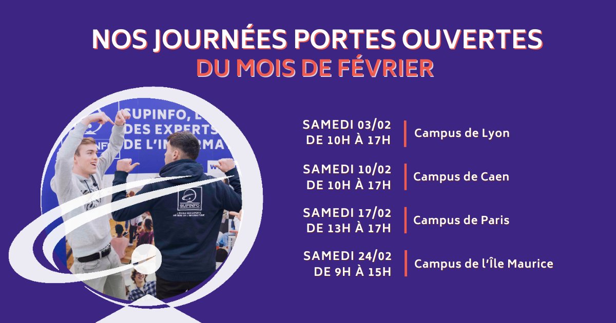 SUPINFO's tweet photo. Les campus #SUPINFO vous ouvrent leurs portes en février ! Découvrez notre formation en informatique généraliste sur 5 ans 💻🚀🎓
Inscrivez-vous à l'une de ces journées, ici 👉 https://t.co/pOPbUt3lR1 https://t.co/H75gBOSBUZ