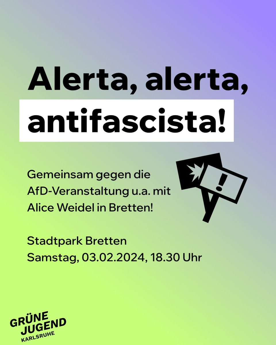 Rechte Hetze stoppen - kein Platz für die AfD! 🚫

Am Samstag trifft sich die #noAfD zu einer Veranstaltung, um ihre rechte Ideologie zu verbreiten.

Kommt mit uns zum Gegenprotest, um klare Kante gegen rechte Hetze zu zeigen! ✊🌈

🗓️ 03.02.2024
📍 Stadtpark Bretten
🕡 18.30 Uhr