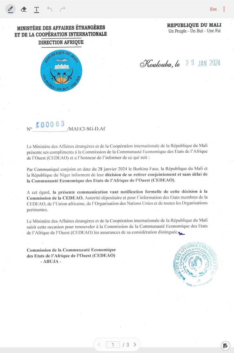 AESinfos's tweet photo. #AESinfo | #Mali 🇲🇱
CEDEAO : le Mali officiellement saisi de son retrait

La Communauté économique des États de l'Afrique de l'Ouest (CEDEAO) a été officiellement saisie du retrait du Mali de l'organisation, le 29 janvier 2024 https://t.co/jvLnxth18J