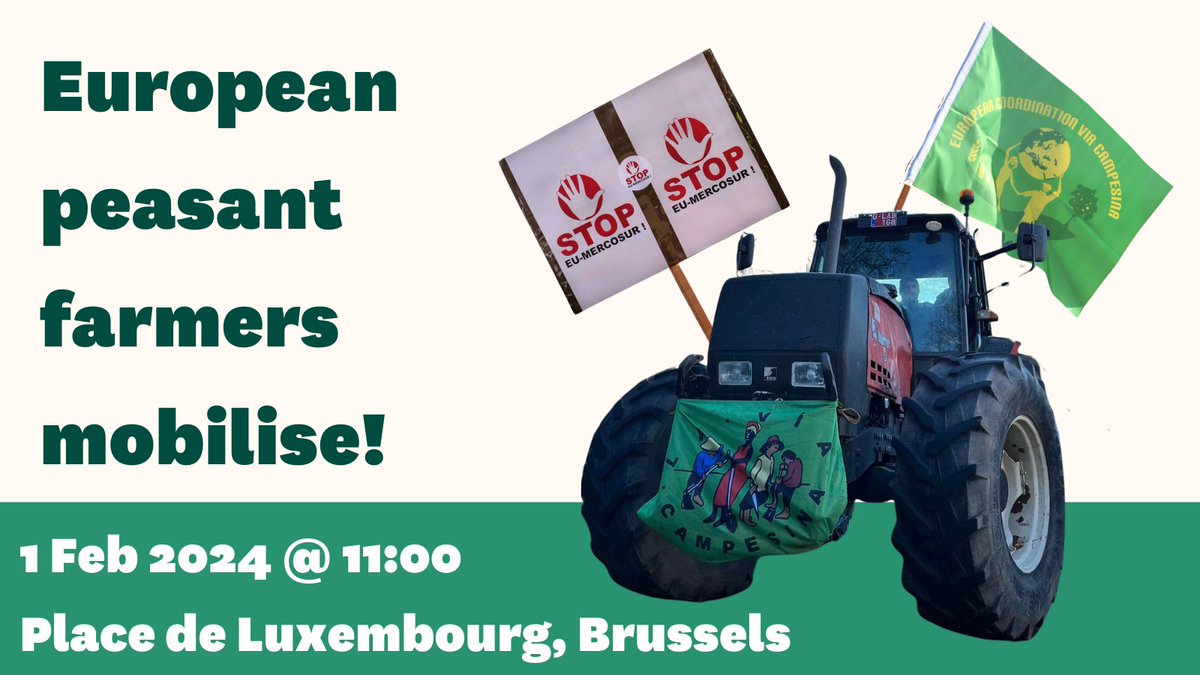 📢ECVC calls to mobilise  this Thursday 1 Feb at 11:00 at Place de Luxembourg, Brussels! Farmers have had enough! 

✊We are calling for fair incomes for all farmers, to stop #EUMercosur immediately and suspend FTAs linked to agriculture!

Find out more: shorturl.at/msCW6
