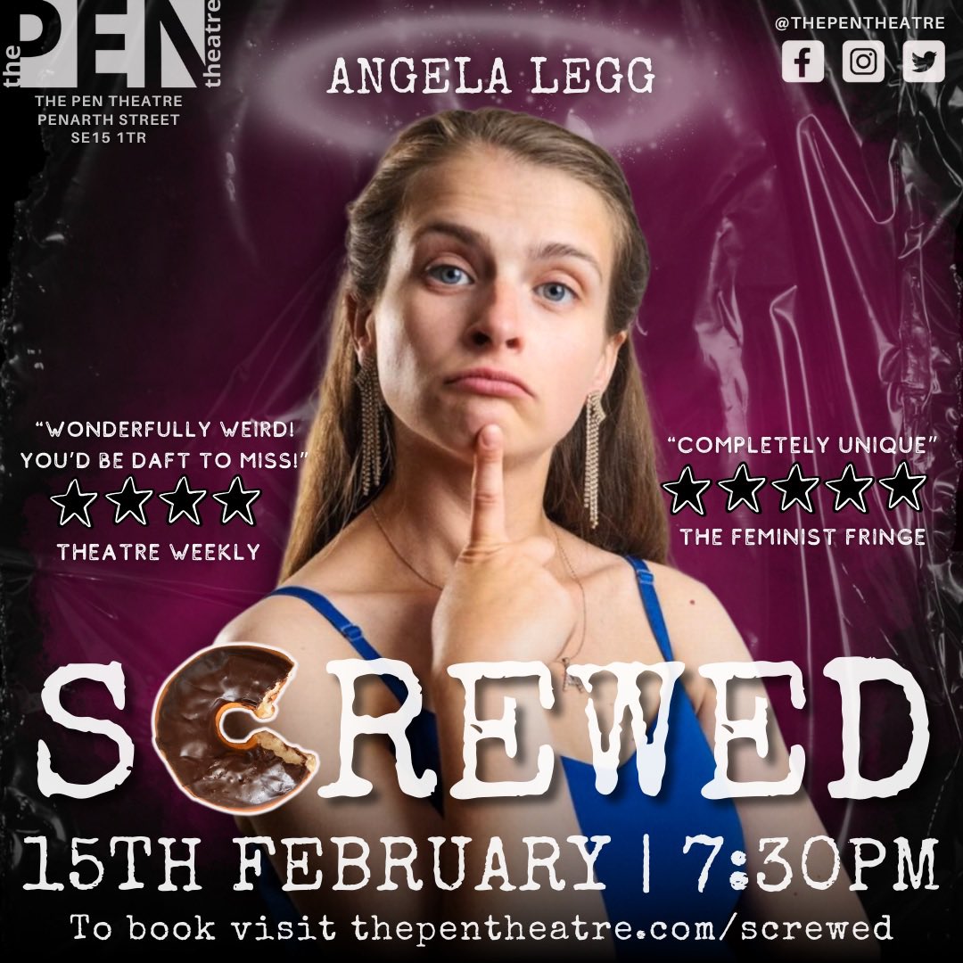 📣 NEW PERFORMANCE ANNOUNCEMENT 📣 Returning artist <a href="/AngelaLegg/">Angela Legg - performer</a> presents SCREWED | 15th February, 7:30pm | ★ ★ ★ ★ ★ “Completely unique” - <a href="/feministfringe/">Feminist Fringe</a> ★ ★ ★ ★ "Wonderfully weird, you'd be daft not to miss!" - <a href="/TheatreWeeklyUK/">TheatreWeekly</a> | Book now > thepentheatre.com/screwed