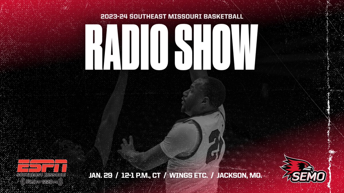 Southeast Missouri's basketball radio show is @wingsetcMO in Jackson TODAY. Listen live from 12-1 p.m., CT at ESPN 93.5 FM & 1220 AM. Forward Josh Earley is the guest.