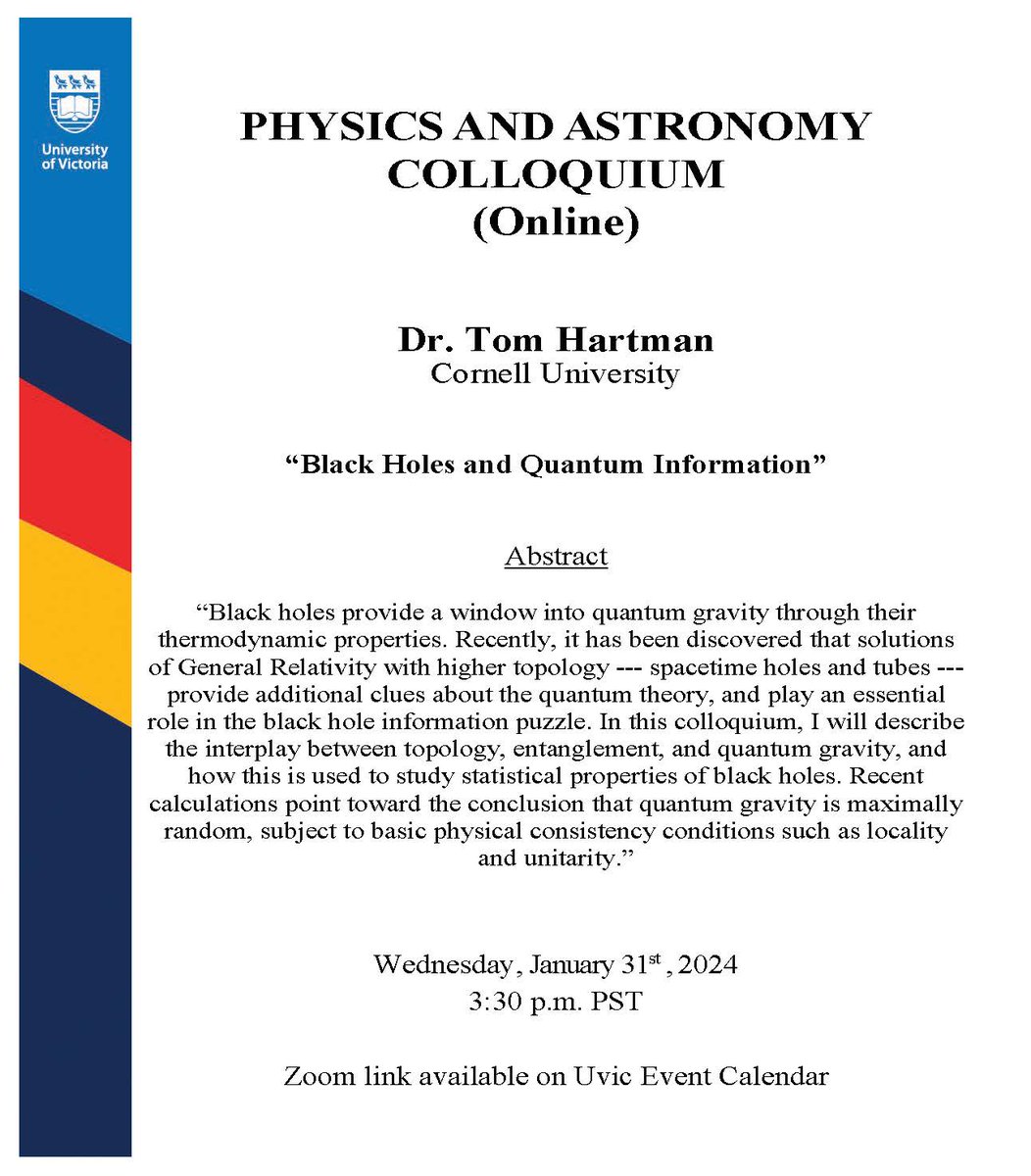 COLLOQUIUM (Online): Dr. Tom Hartman, Cornell University, will give an online colloquium on Wednesday January 31st at 3:30pm PST. For more information: events.uvic.ca/physics/event/…