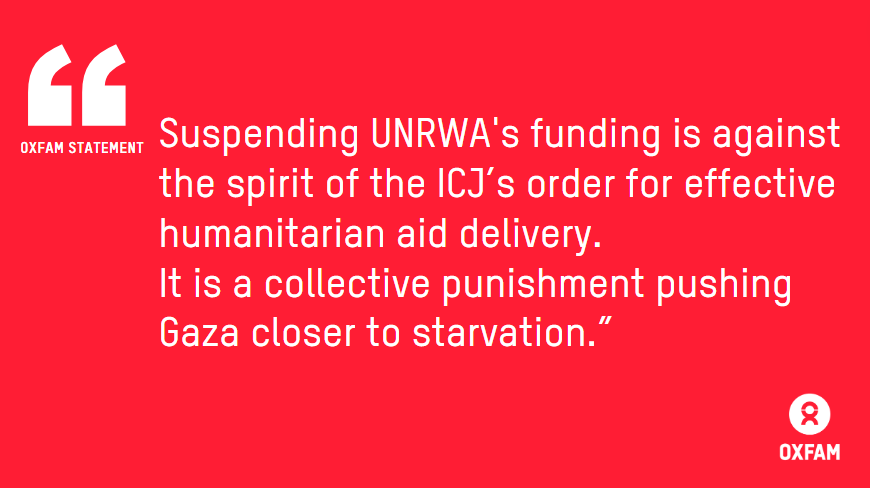 REACTION: <a href="/Oxfam/">Oxfam International</a> joins 20 humanitarian organizations to call on donors to reverse their decision to suspend <a href="/UNRWA/">UNRWA</a>'s funding.

Read our joint statement👉oxf.am/3OjMrdC

#CEASEFIRE_NOW