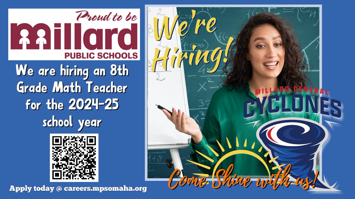 MPS Human Resources (@mpshr) on Twitter photo Central Middle School seeks a positive and team-oriented 8th-grade math teacher for the 2024-2025 school year. Come be a part of our Cyclone family! <a href="/millardcentral/">Millard Central MS</a> <a href="/CMS_Activities/">Millard Central Activities</a> #CyclONEsUnited #GoCyclones <a href="/CycloneAction/">Millard Central Activities</a> #Proud2bMPS #ShinewithMPS Central Middle School seeks a positive and team-oriented 8th-grade math teacher for the 2024-2025 school year. Come be a part of our Cyclone family! <a href="/millardcentral/">Millard Central MS</a> <a href="/CMS_Activities/">Millard Central Activities</a> #CyclONEsUnited #GoCyclones <a href="/CycloneAction/">Millard Central Activities</a> #Proud2bMPS #ShinewithMPS