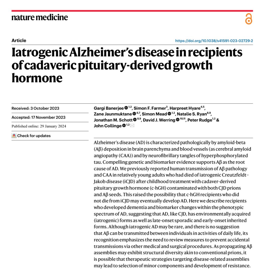 Our paper on iatrogenic #alzheimerdisease out today @NatureMedicine Detailed summary & links below. TLDR: 5 tragic cases resulting from a very rare medical procedure stopped in 1985. No risk of person to person spread; hopefully will provide major insights into Alzheimer biology