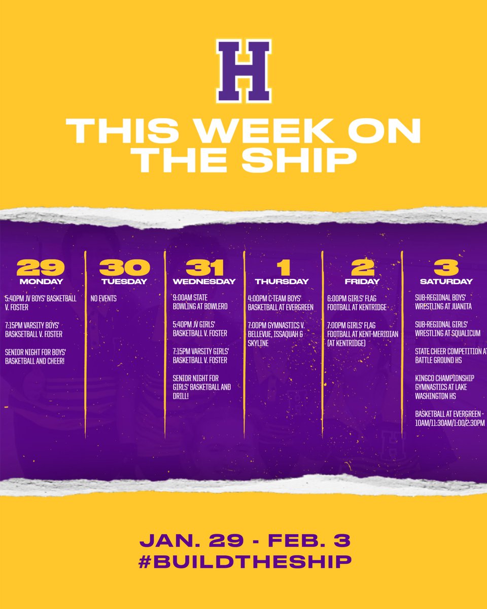 Check out this week's athletic events! Boys' Swim, Gymnastics, Girls' Bowling and Cheer are all headed to the post season. Senior nights for Boys' and Girls' Basketball, Cheer and Drill are this week as well. #gopirates @highlineschoolsfoundation