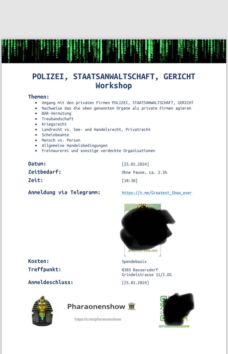 Ganz offen finden Schulungen der Reichsbürger in der Schweiz statt, Workshops zum Umgang mit Polizei, Staatsanwaltschaft und Gerichten!