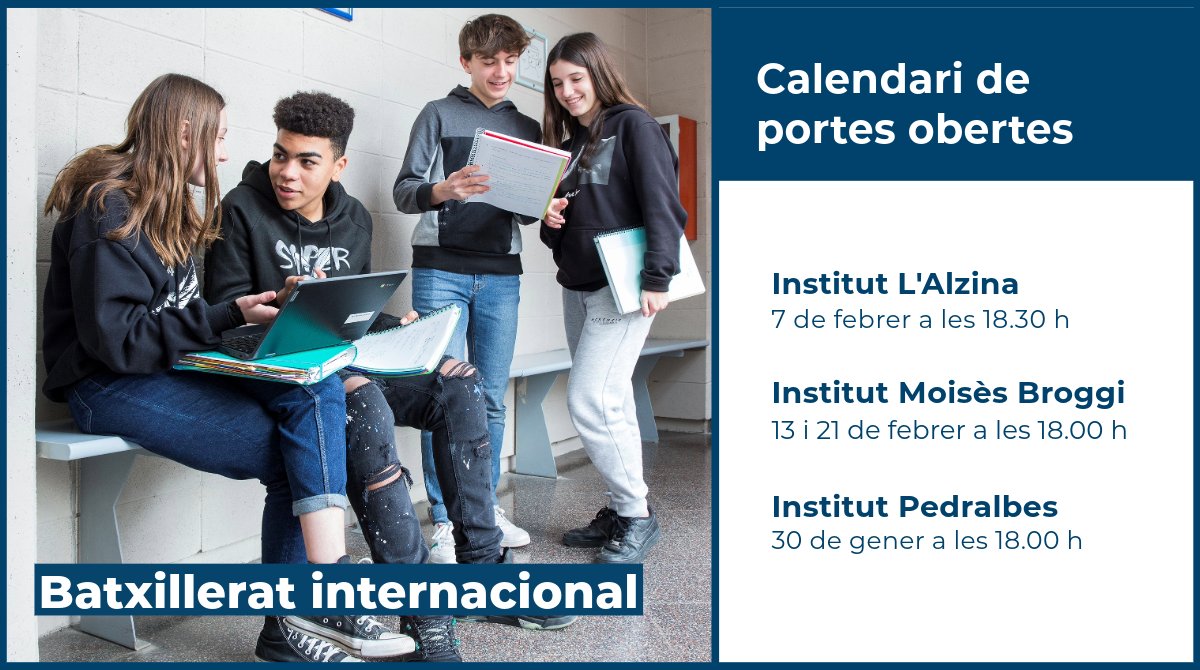 👩🏾‍🎓T'interessa el batxillerat internacional?
🤔T’agradaria cursar una doble titulació?

📍Saps que a Barcelona s'imparteix en 3 instituts públics?
<a href="/iesalzina/">insalzina</a>
<a href="/iesmoisesbroggi/">IES Moisès Broggi</a>
<a href="/INSPedralbes/">Institut Pedralbes</a>

✍️🏽Pren nota del calendari de portes obertes i coneix com és el seu procés d’admissió!👇🏾👇🏾