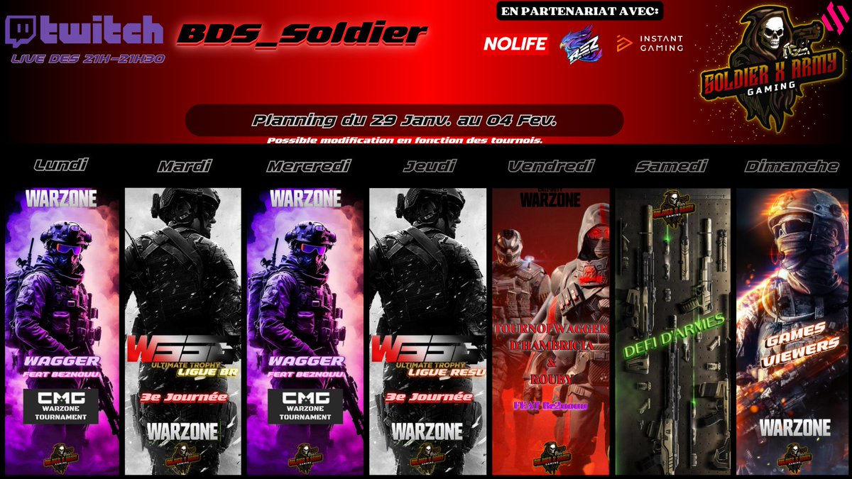 Soldierx63's tweet photo. Soldats !!!

 Un planning fort en compétition cette semaine !!!

#twicthfr #TwitchStreamers #Warzone #wagger #WSSG https://t.co/sOO1TftzFO