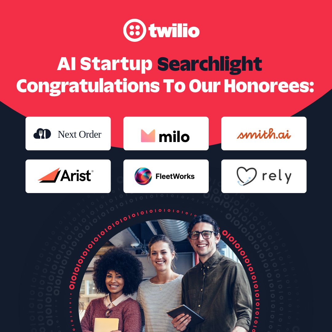 twilio's tweet photo. 📣 Introducing Twilio’s AI Startup Searchlight Honorees!

Congratulations FleetWorks, @Arist, Next Order, @join_milo, Rely Healthcare, and @smithdotai who have created cutting-edge customer engagement solutions using generative AI and Twilio.

https://t.co/FAAf0xVPym https://t.co/GkI90hPZO9