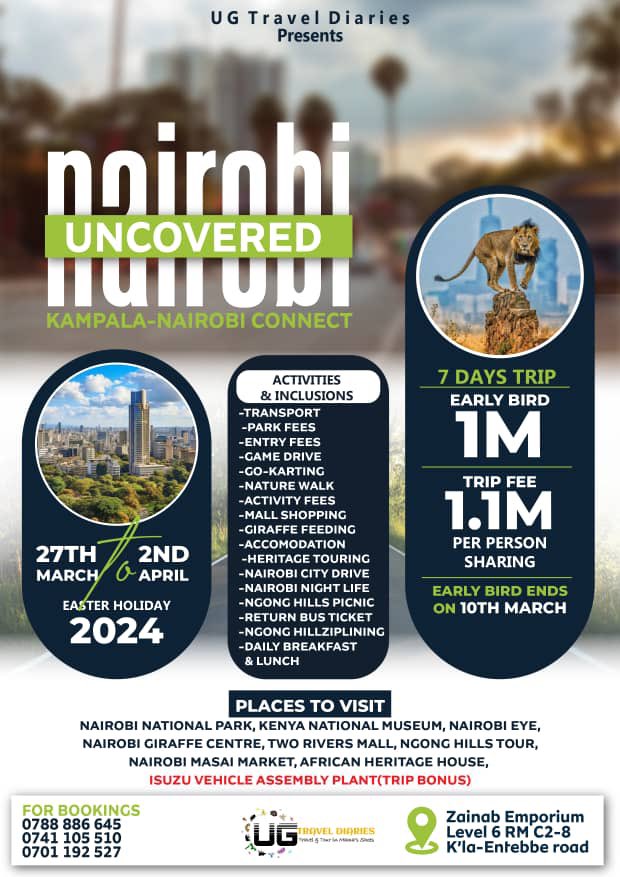 Time to explore the beauty of Nairobi in a full week of enjoyment in #NairobiUncovered starting on 27th March to 2nd April.
Places to visit include Nairobi national park, Kenya museum, Nairobi giraffe Centre, two rivers mall among others