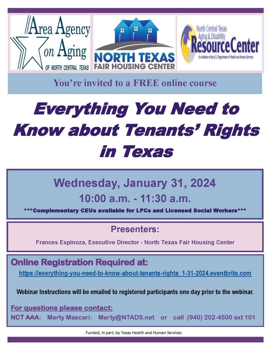 ⭐JOIN US⭐REGISTER TODAY⭐
The North Texas Fair Housing Center presents: Everything You Need to Know About Tenants' Rights in Texas
DATE: Wednesday, January 31, 2024 at 10am
FREE REGISTRATION: …nants-rights_1-31-2024.eventbrite.com
#NTFHC #northtexasfairhousing #tenantsrights