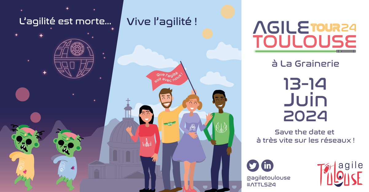 📢l'#Agile #Tour #Toulouse 2024 vous donne rendez-vous les 13 et 14 juin

☄️ format Open Space &amp; soirée

🌒 l'agilité est morte... Vive l'agilité ! 🌖

🗓️ save the date &amp; partagez l'information 🔃

➕ d'infos : tour.agiletoulouse.fr

#ATTLS24, que l'agilité soit avec nous!