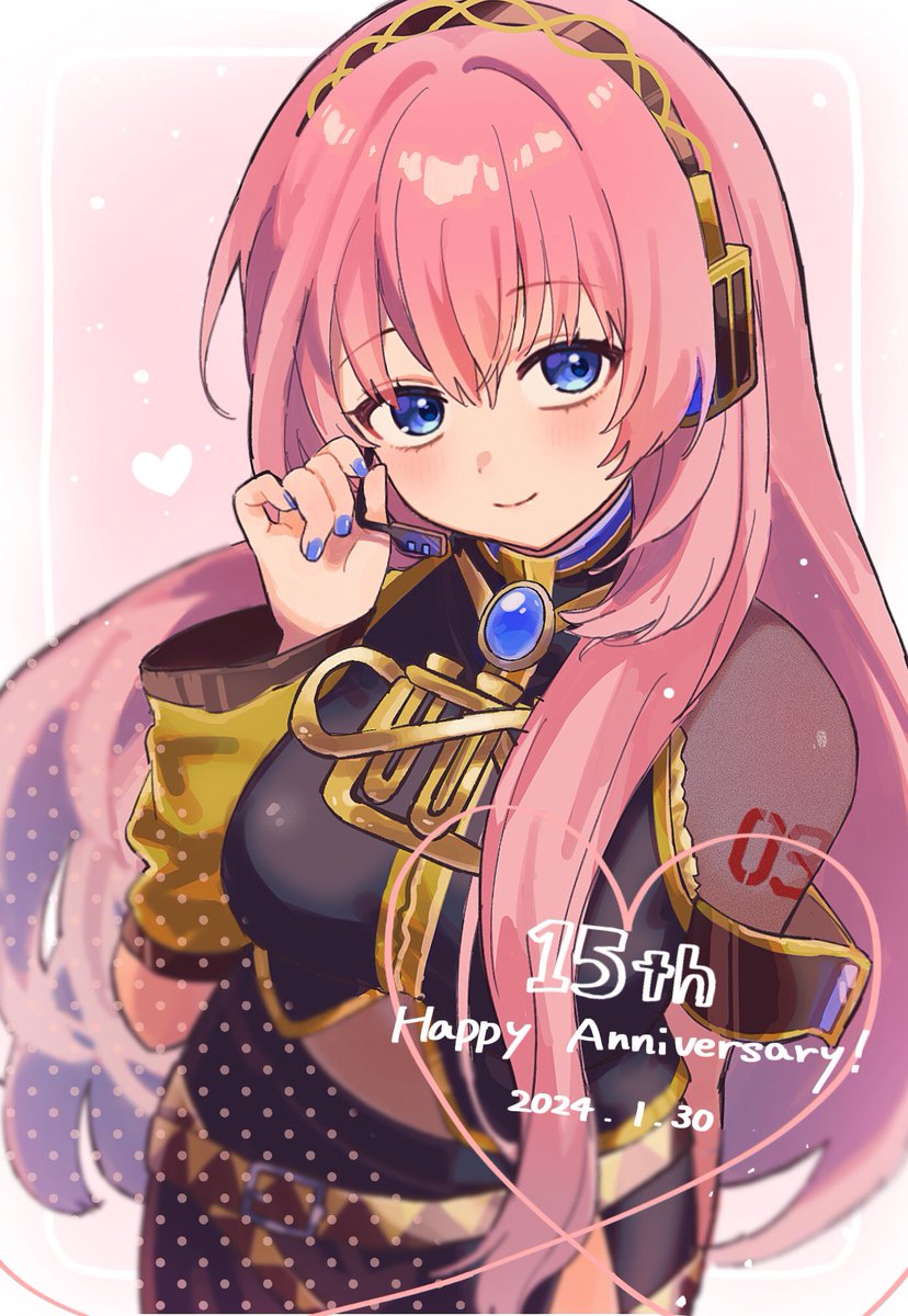 megurine luka 1girl solo pink hair long hair gold trim blue eyes smile  illustration images