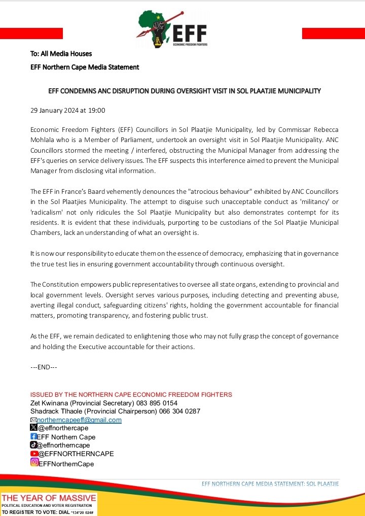 effnorthercape's tweet photo. To: All Media Houses

EFF Northern Cape Media Statement

EFF CONDEMNS ANC DISRUPTION DURING OVERSIGHT VISIT IN SOL PLAATJIE MUNICIPALITY

29 January 2024 at 19:00 https://t.co/IFxSUTJqoL