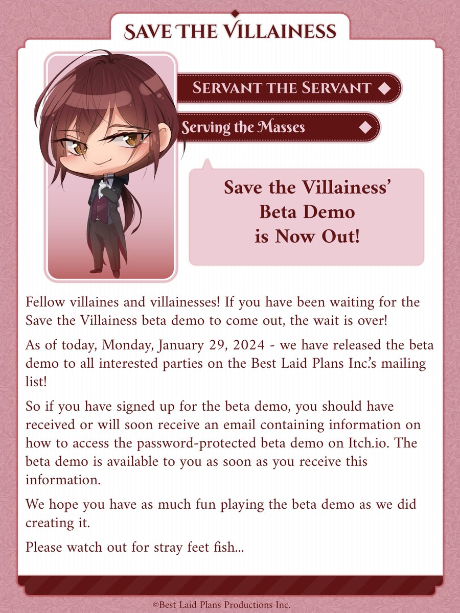 Save the Villainess' beta demo has been released! 

If you have signed up to receive it, please check your email. 

We look forward to getting your feedback and making Save the Villainess the best game it can be.🥹

#isekai #villainess #otome #visualnovel #interactifection