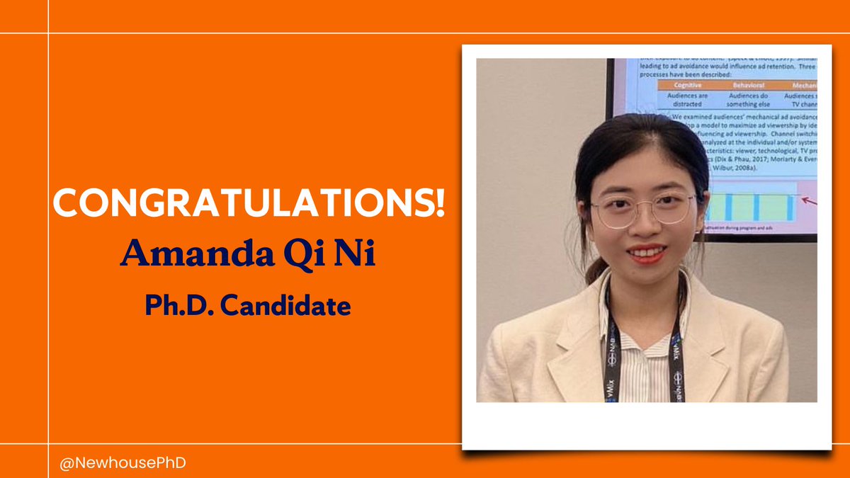 Congratulations to Amanda Qi Ni for being moved from Ph.D. student to candidate, officially ABD status! #newhouseimpact #teamnewhouse