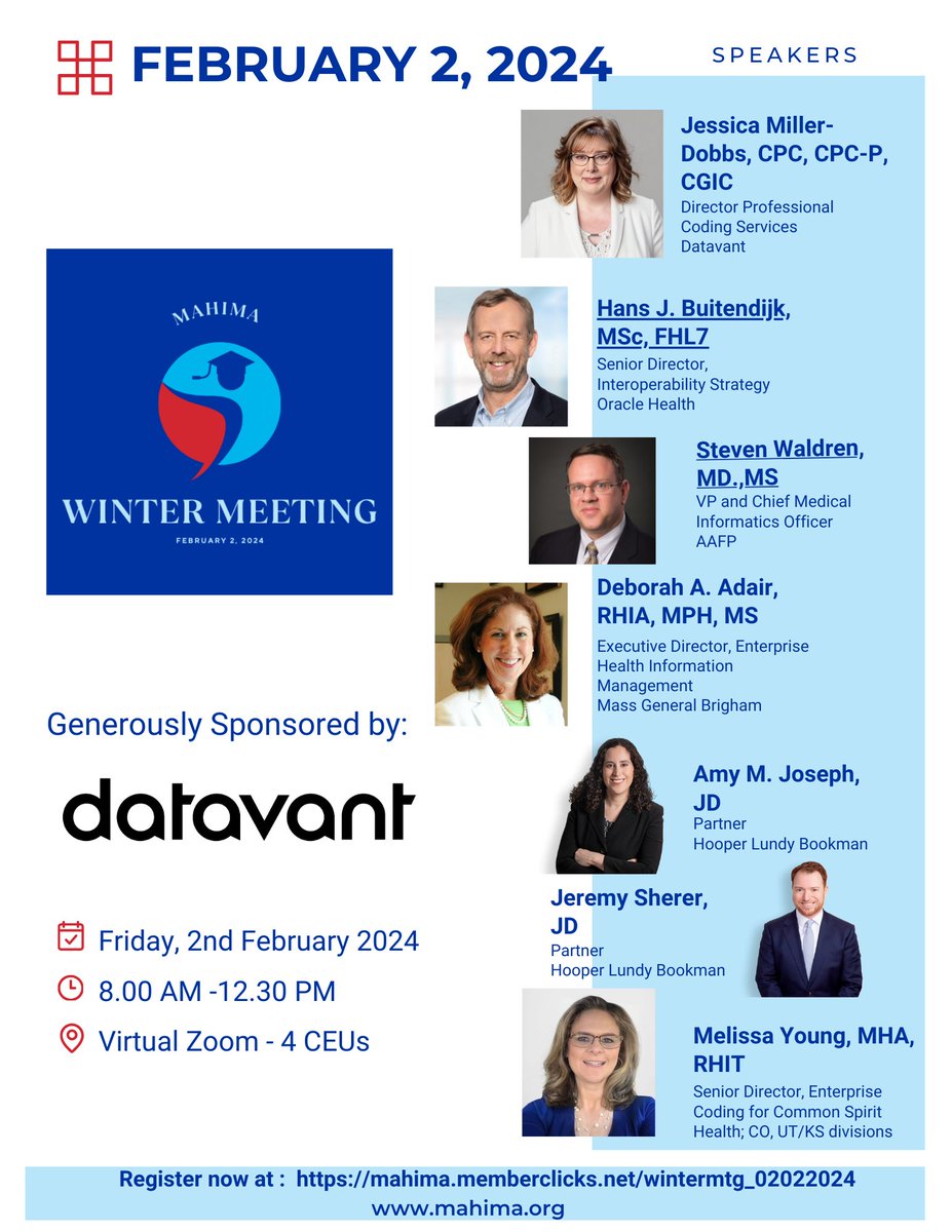 4 days left to register!  MaHIMA Winter Meeting generously sponsored by Datavant (formerly Ciox Health) virtual session on February 2, 2024 from 8:00am to 12:30pm for 4 CEUs followed by the MaHIMA Business Meeting.

Registration details can be found here. lnkd.in/gJagAaXn