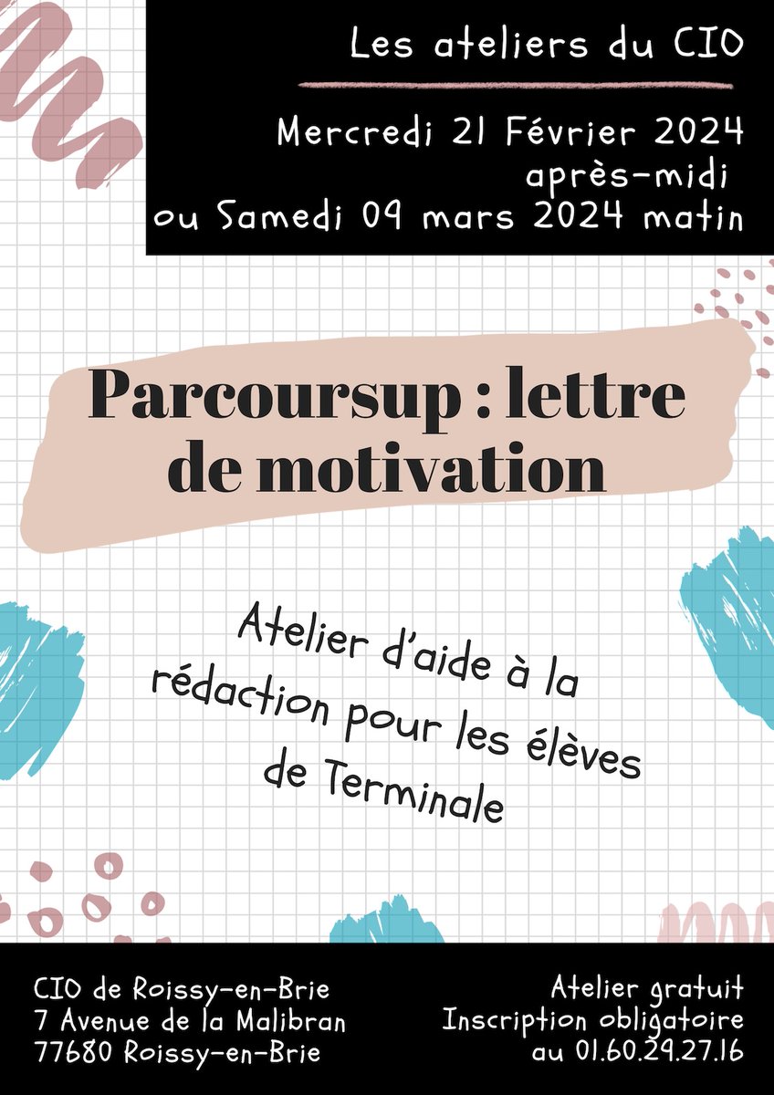 Le CIO de Roissy-en-Brie restera ouvert, sur rendez vous, durant toutes les vacances d'hiver.
Durant cette période, un atelier intitulé "PARCOUSUP : lettre de motivation" sera proposé aux élèves de terminale.
Contact pour informations (ou réservation) au 01 60 29 27 16.